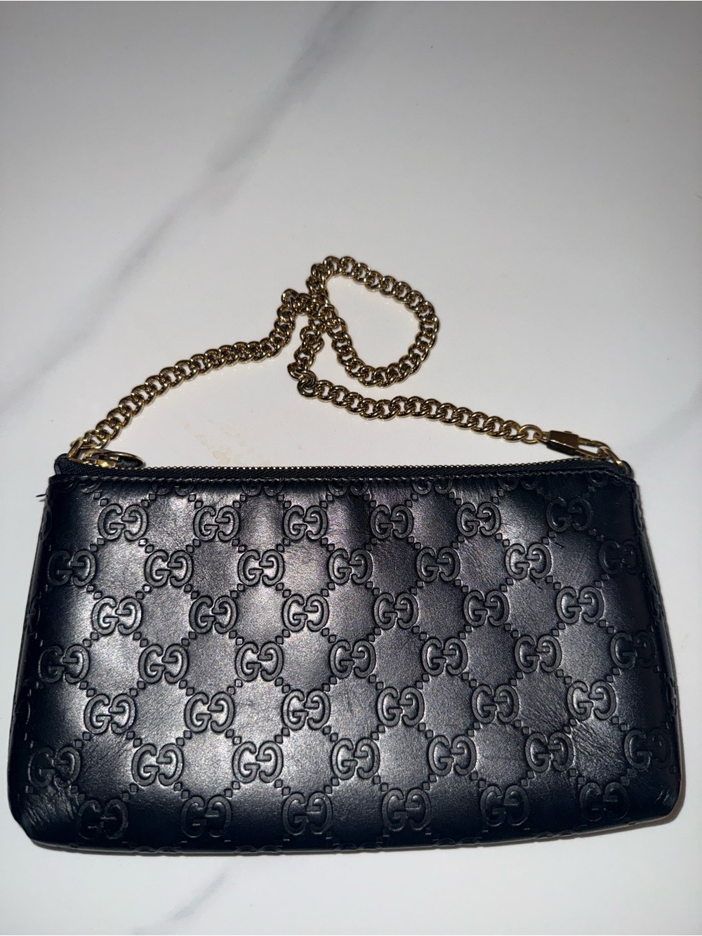 Gucci Black Embossed GG Leather Wristlet with Gold Chain